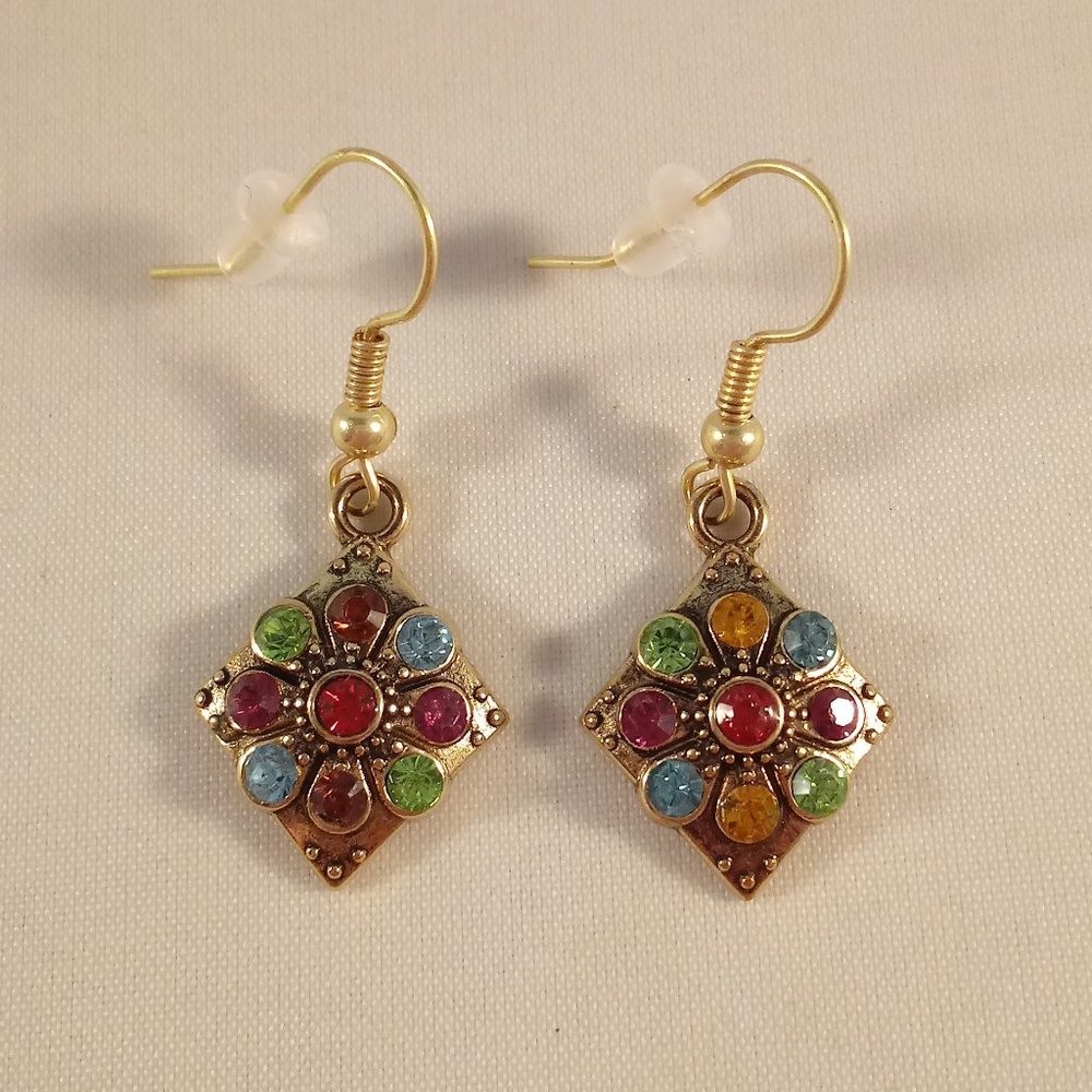 Gold Plated Multi Color Crystal Rhombus Shape Dangle Earrings Women's Party Gift